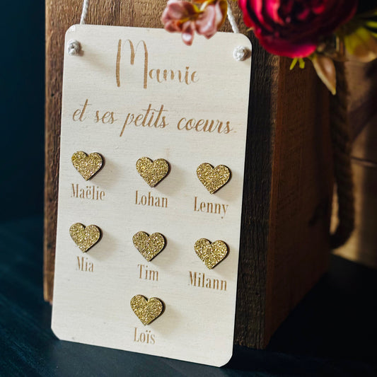 Panneau en bois "Mamie & ses petits cœurs"